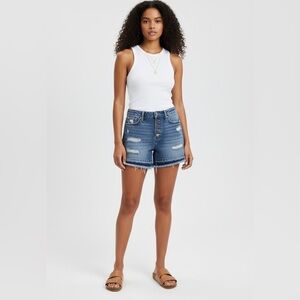 KanCan High Rise Distressed Denim Shorts Button Fly Raw Hem Medium Wash Size M